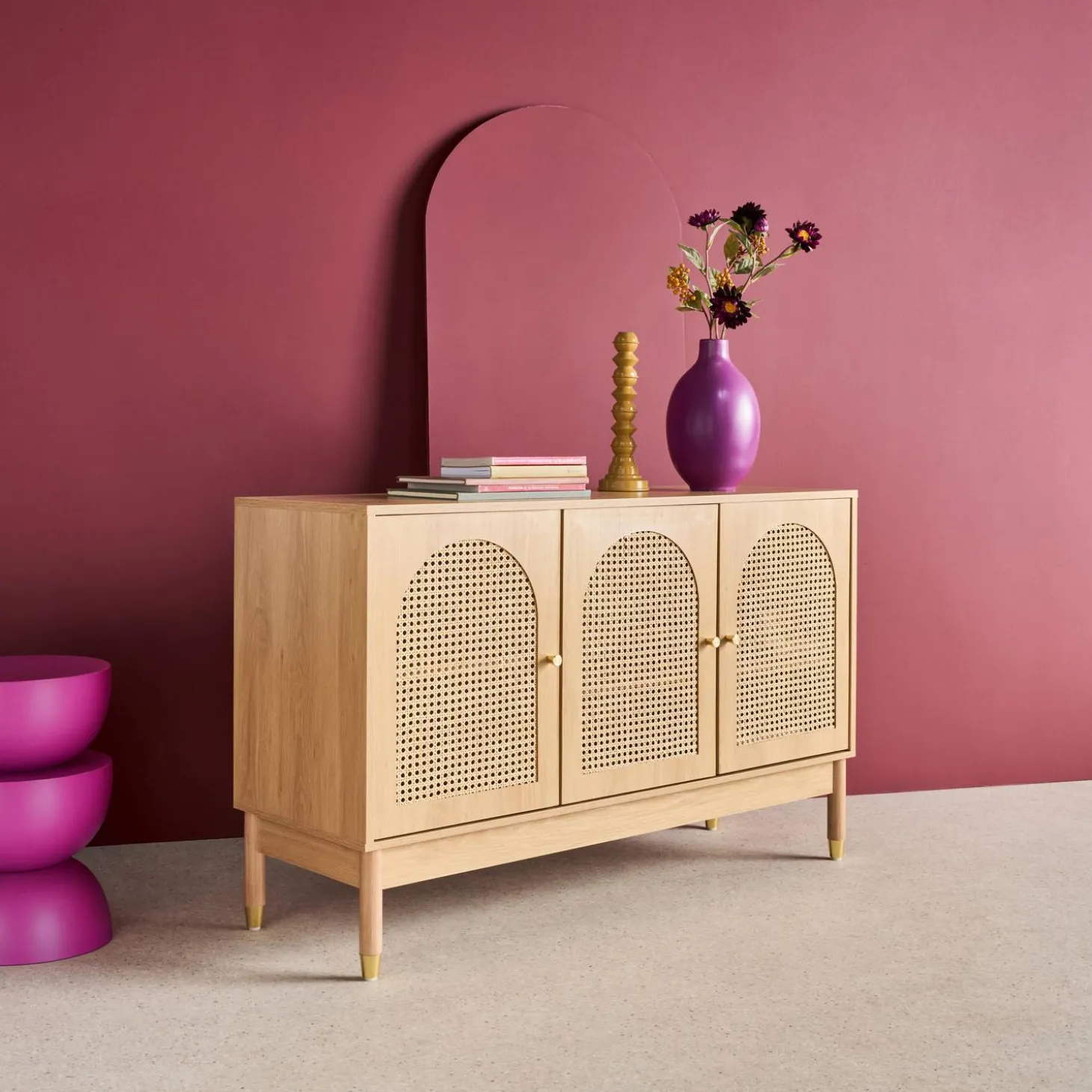 Dressoir houteffect en rotan 3 deuren 120cm