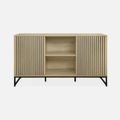 Dressoir met 2 deuren gegroefd houteffect en metaal 140cm