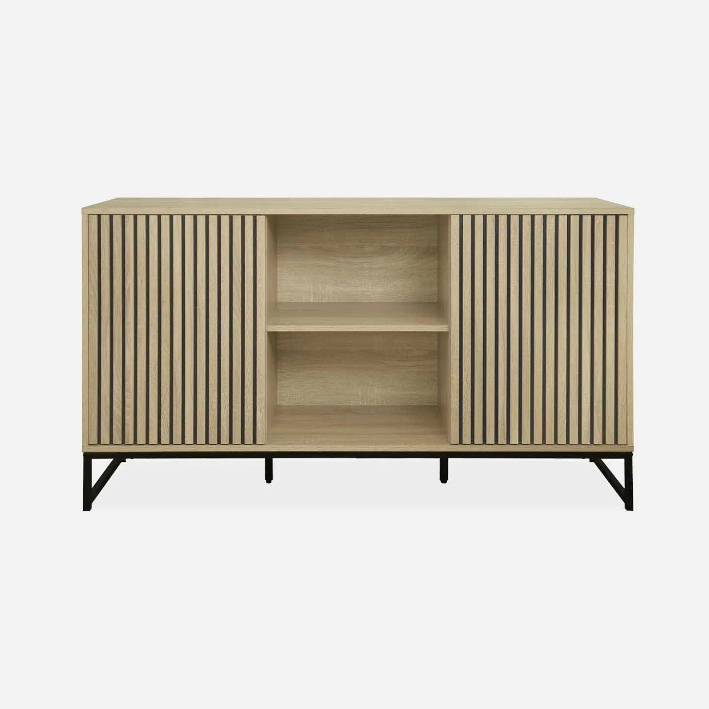 Dressoir met 2 deuren gegroefd houteffect en metaal 140cm