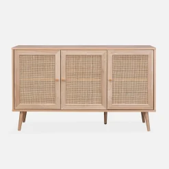 Dressoir met 3 deuren houtdecor en rotan 120cm
