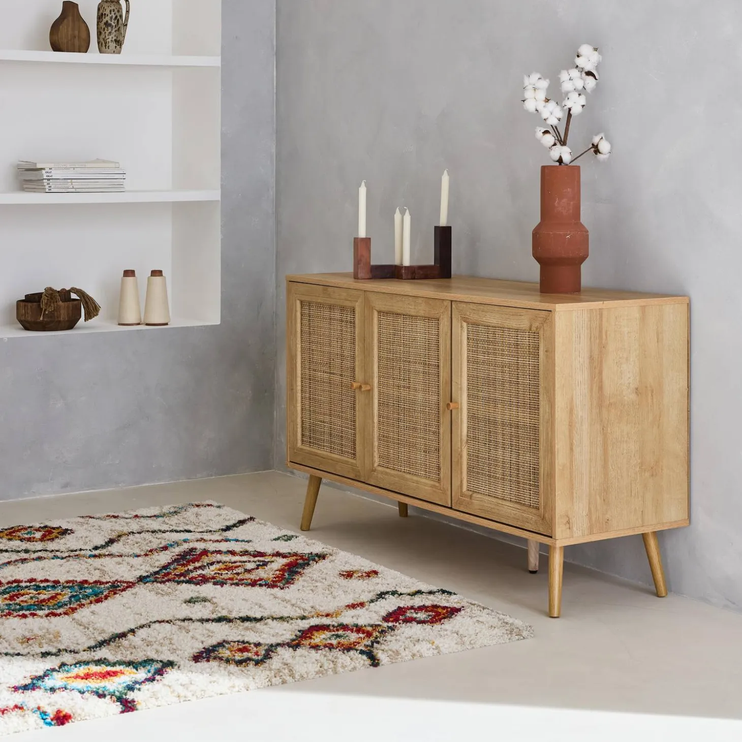 Dressoir met 3 deuren houtdecor en rotan 120cm