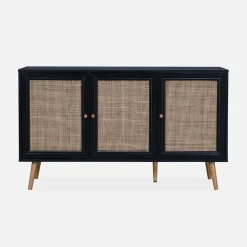 Dressoir met 3 deuren houtdecor en rotan 120cm