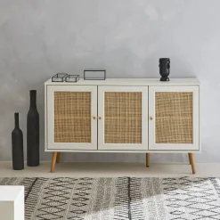 Dressoir met 3 deuren houtdecor en rotan 120cm