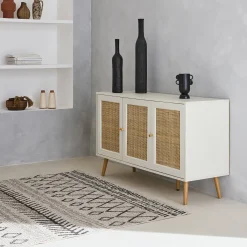 Dressoir met 3 deuren houtdecor en rotan 120cm