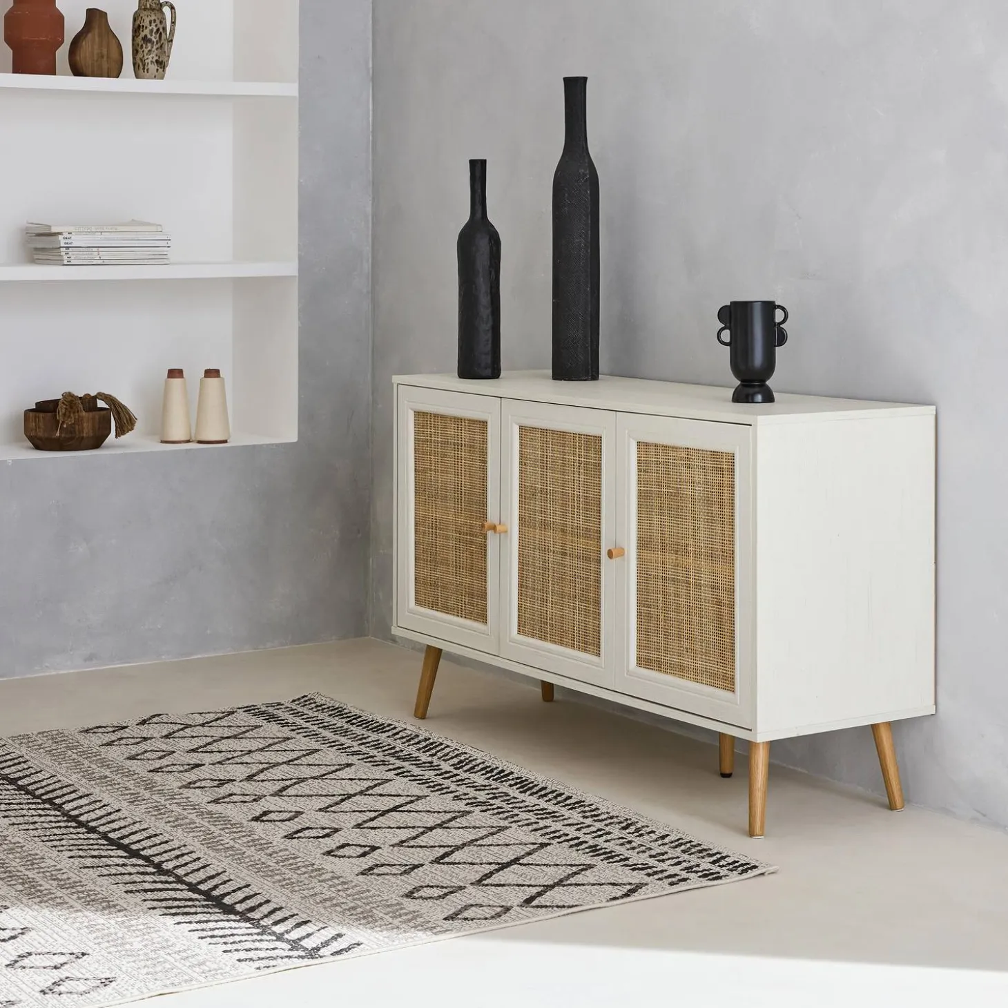 Dressoir met 3 deuren houtdecor en rotan 120cm