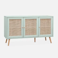 Dressoir met 3 deuren houtdecor en rotan 120cm