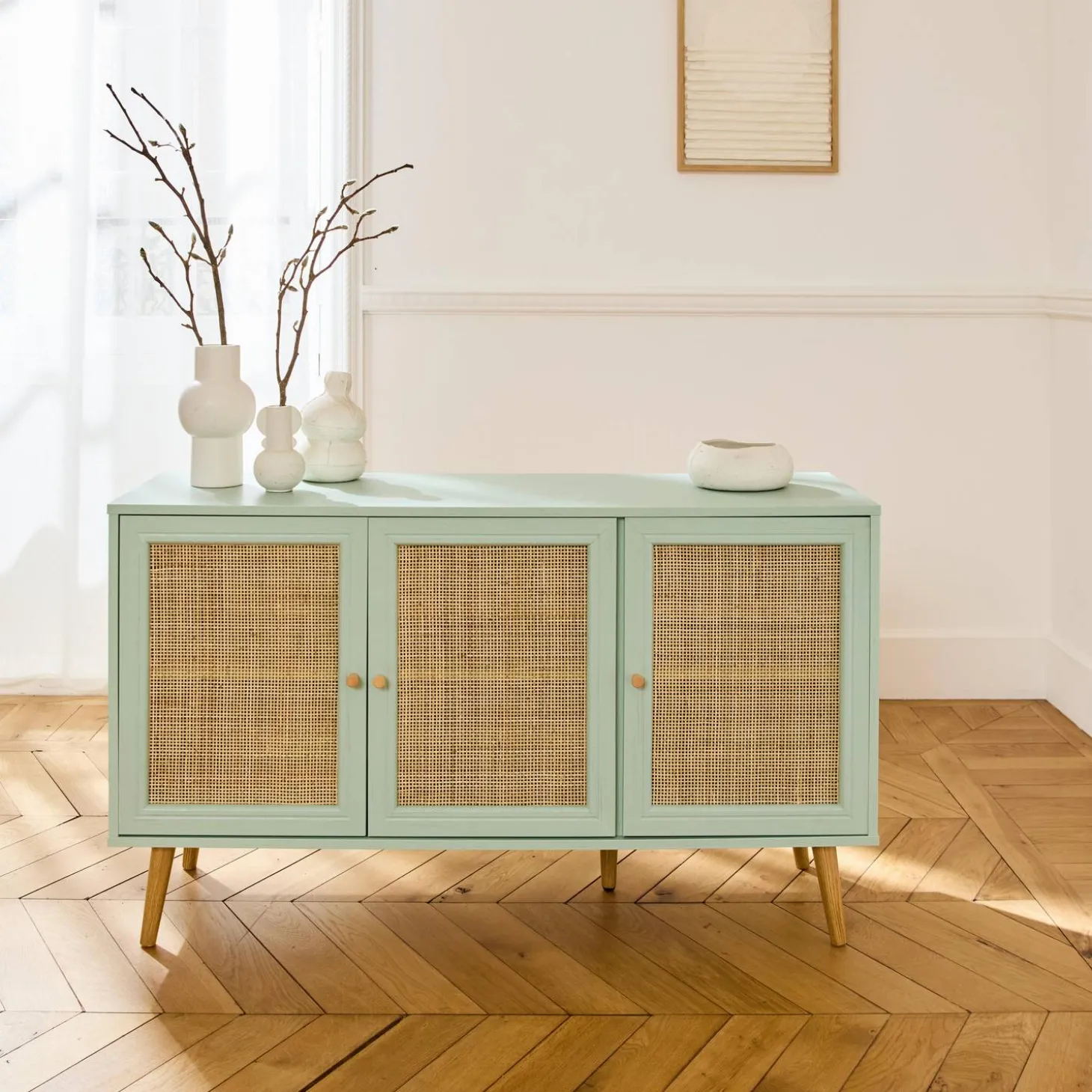 Dressoir met 3 deuren houtdecor en rotan 120cm
