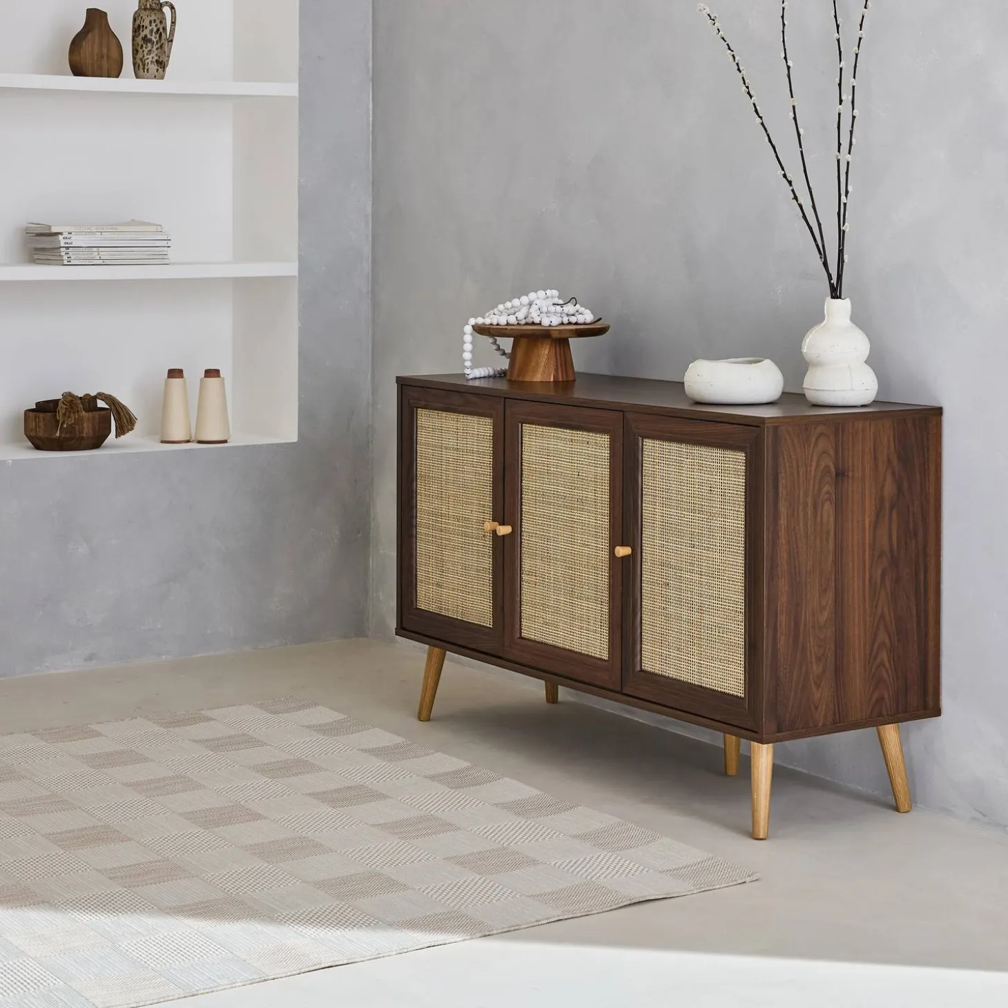 Dressoir met 3 deuren houtdecor en rotan 120cm