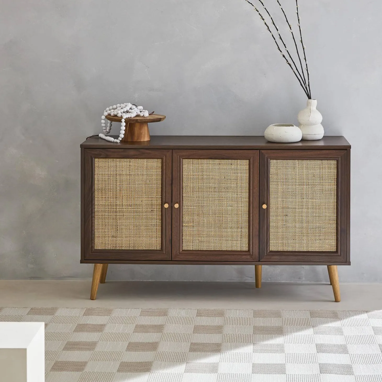 Dressoir met 3 deuren houtdecor en rotan 120cm