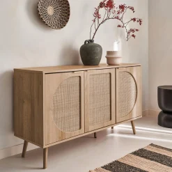 Dressoir met 3 deuren houtlook en rotan 120cm