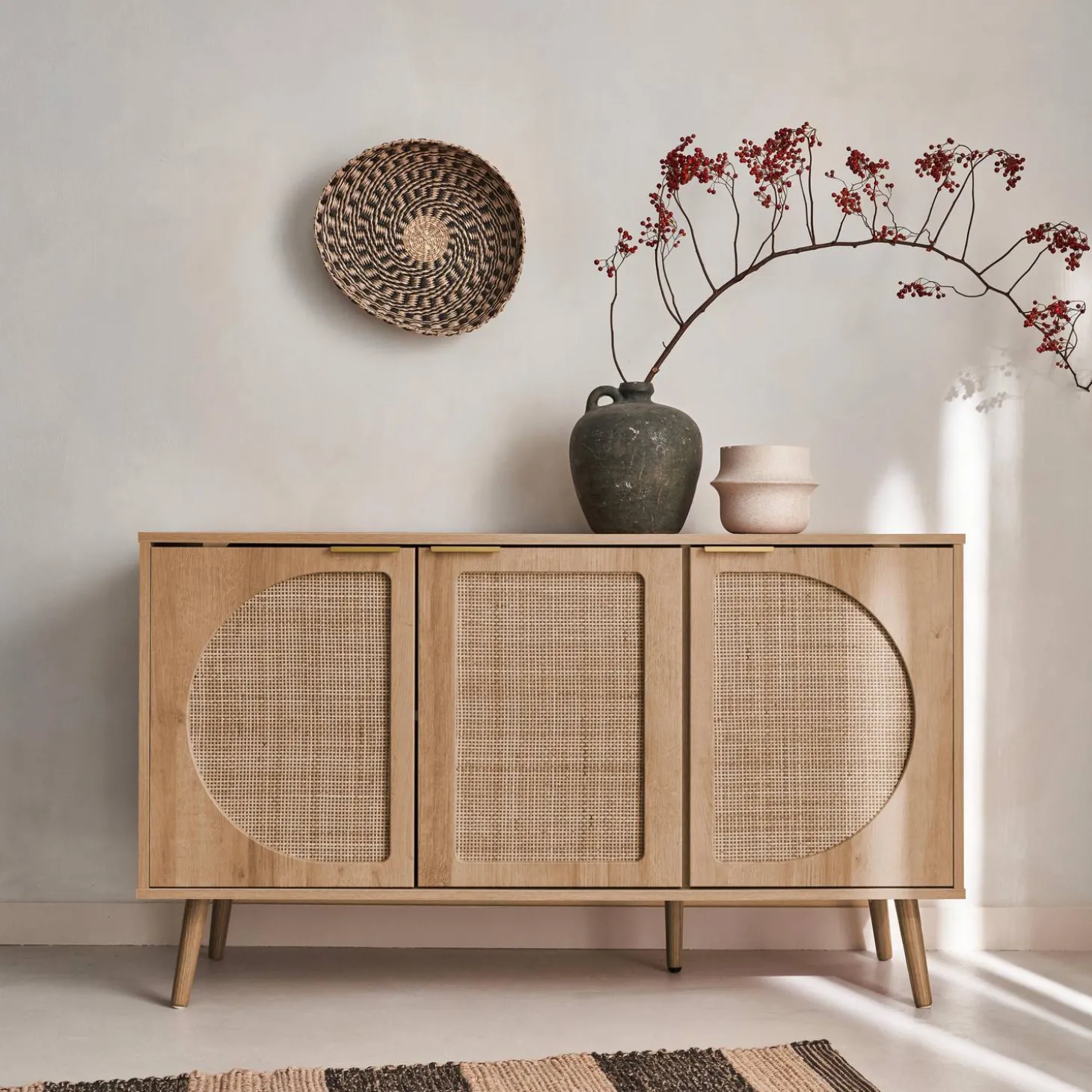 Dressoir met 3 deuren houtlook en rotan 120cm