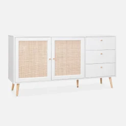 Dressoir met 2 deuren 3 lades houtdecor en rotan 150cm