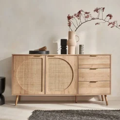 Dressoir met 2 deuren 3 lades houtlook en rotan 150cm