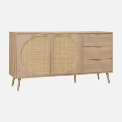 Dressoir met 2 deuren 3 lades houtlook en rotan 150cm