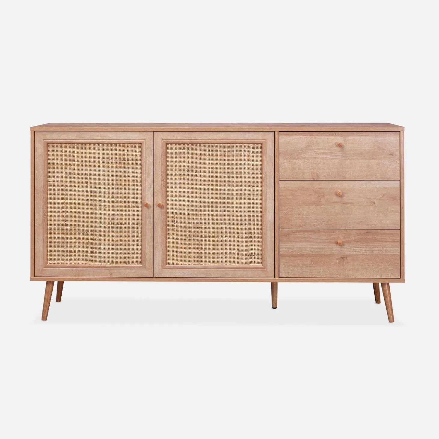 Dressoir met 2 deuren 3 lades houtdecor en rotan 150cm