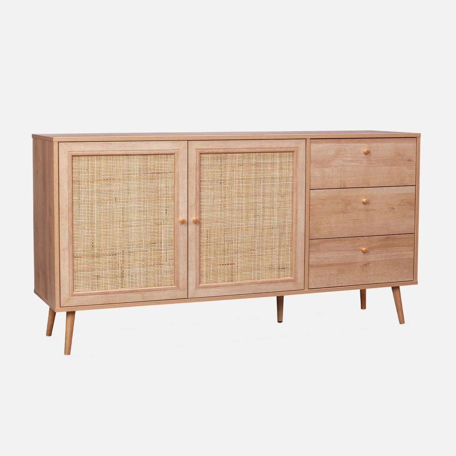 Dressoir met 2 deuren 3 lades houtdecor en rotan 150cm