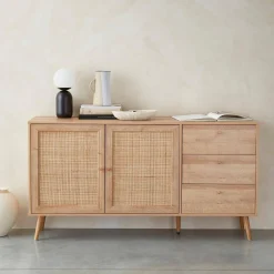 Dressoir met 2 deuren 3 lades houtdecor en rotan 150cm