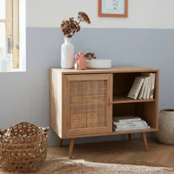 Dressoir met 1 deur en plank houtdecor en rotan 80cm