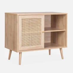 Dressoir met 1 deur en plank houtdecor en rotan 80cm