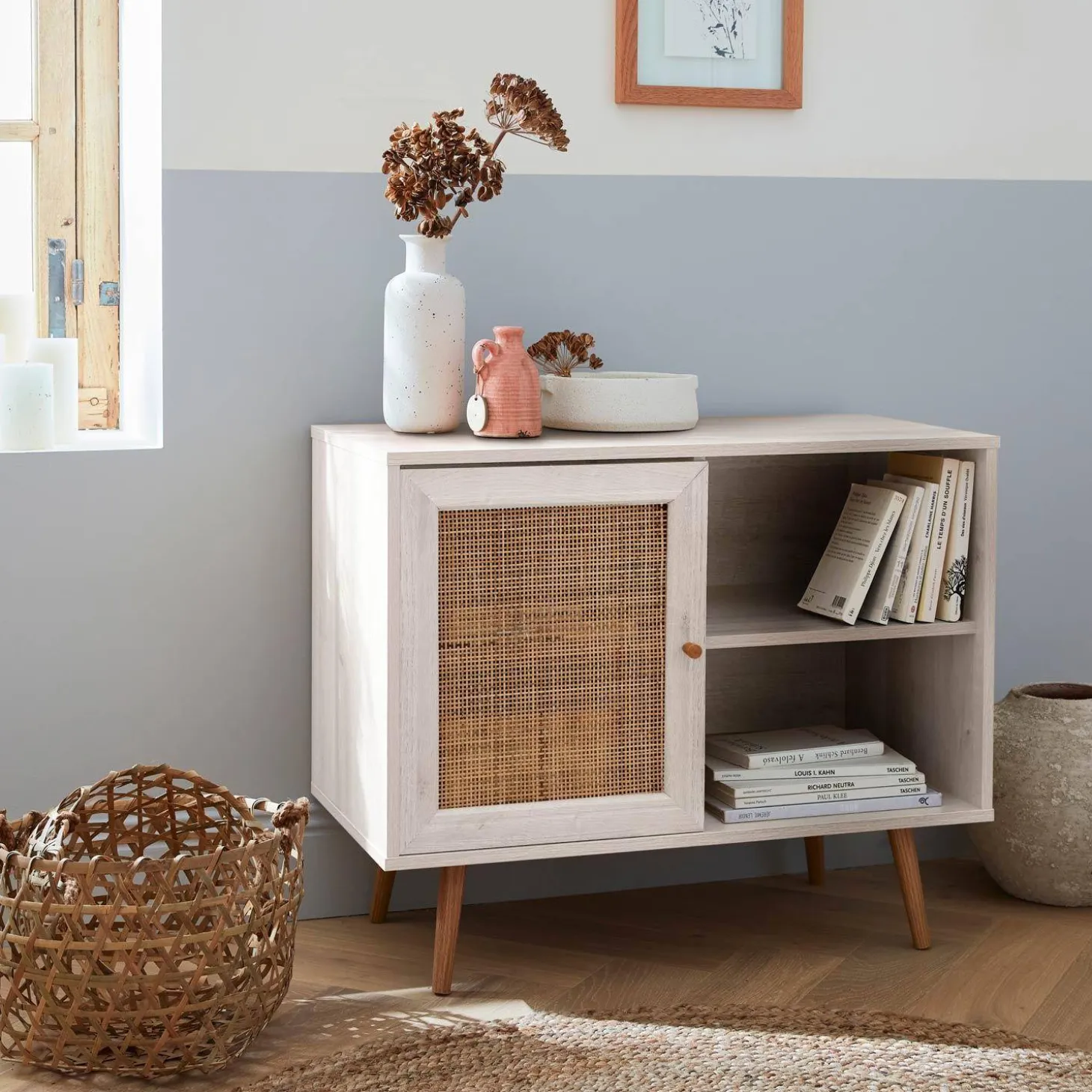 Dressoir met 1 deur en plank houtdecor en rotan 80cm