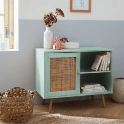 Dressoir met 1 deur en plank houtdecor en rotan 80cm