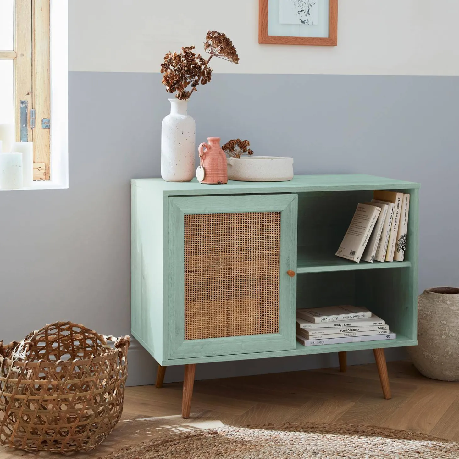 Dressoir met 1 deur en plank houtdecor en rotan 80cm