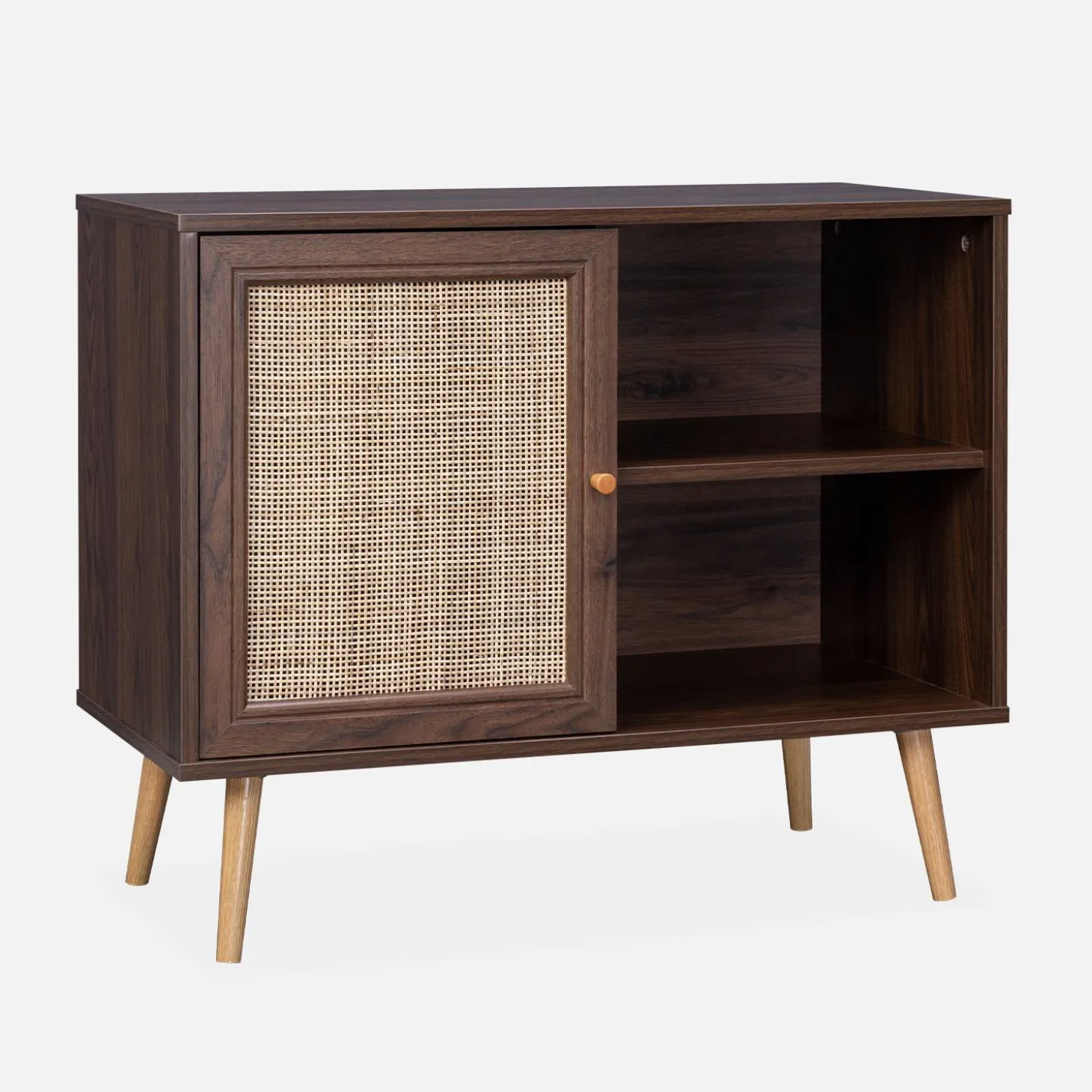 Dressoir met 1 deur en plank houtdecor en rotan 80cm