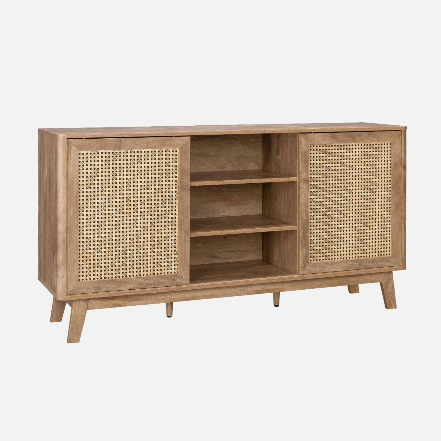 Dressoir met 2 schuifdeuren en planken houtdecor en rotan 150cm