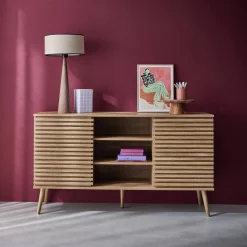 Dressoir 2 schuifdeuren en planken gegroefde houtlook 140cm