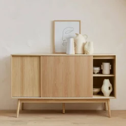 Dressoir 2 schuifdeuren houtdecor deels gegroefd 150cm