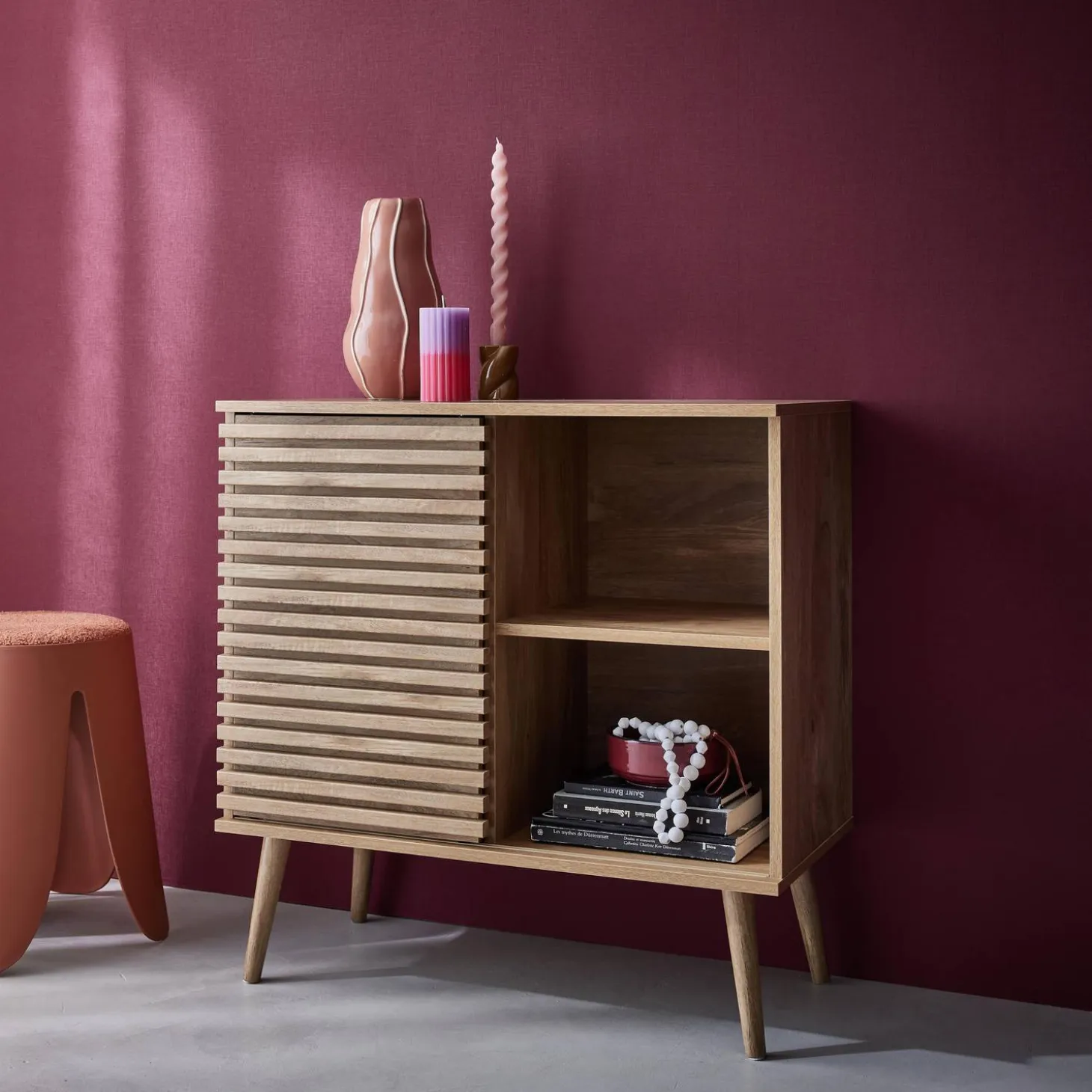 Dressoir 1 schuifdeur en plank gegroefde houtlook 80cm