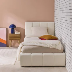Eenpersoonsbed 90x190cm met opbergbox lattenbodem en hoofdbord in getextureerde bouclé