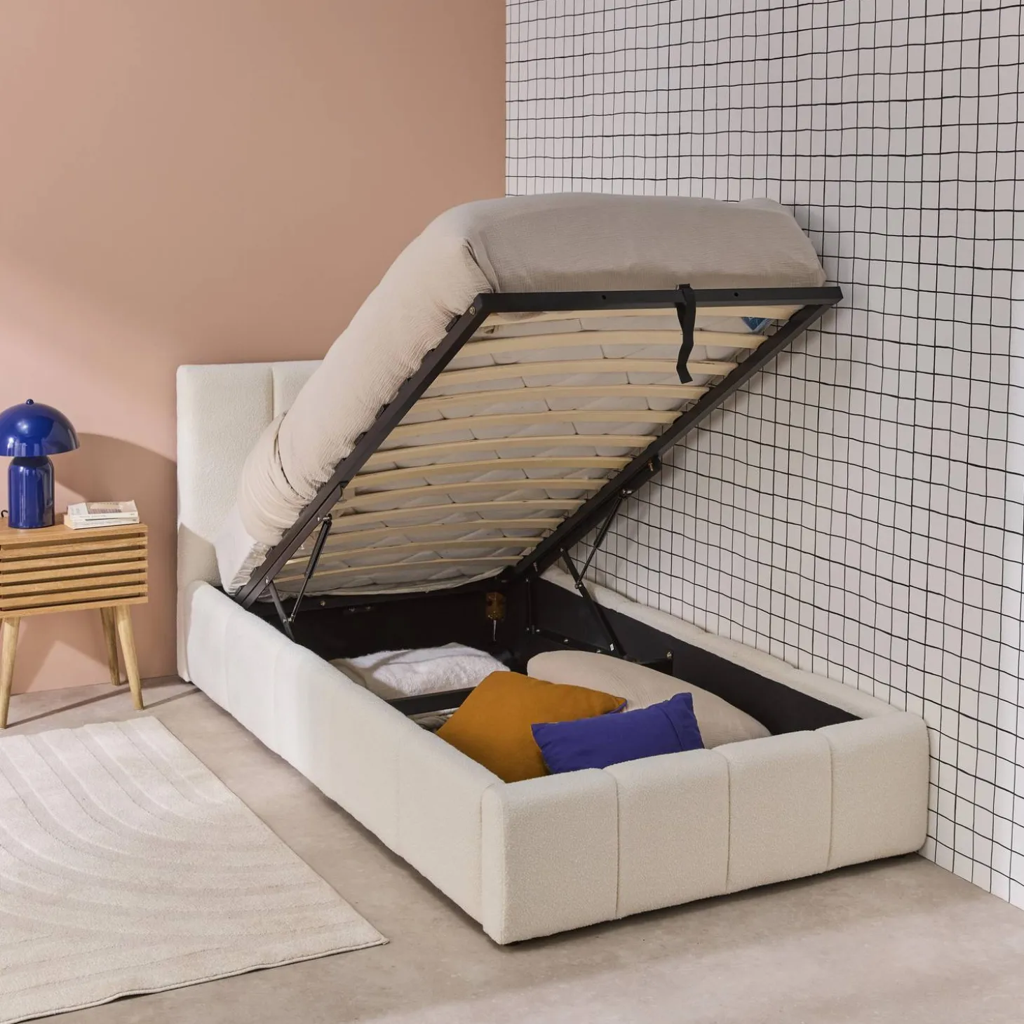 Eenpersoonsbed 90x190cm met opbergbox lattenbodem en hoofdbord in getextureerde bouclé