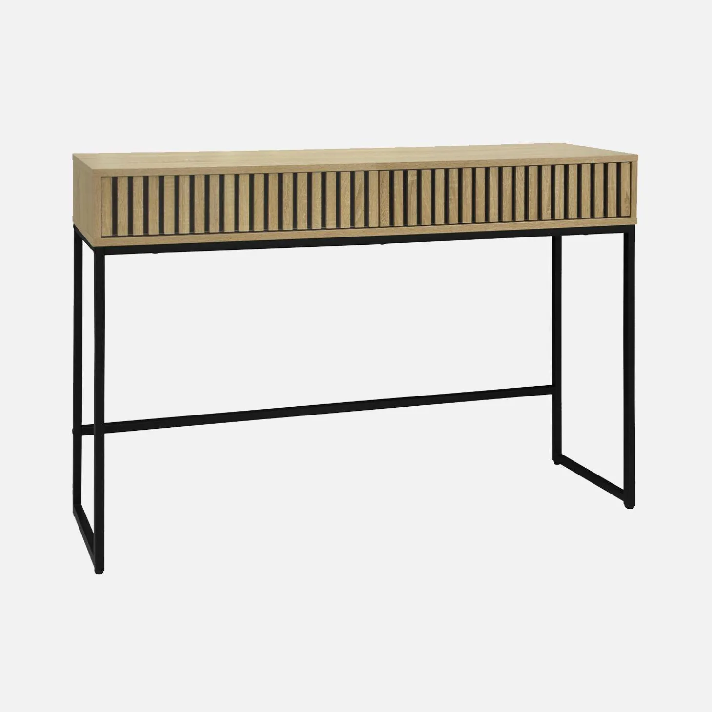 Eigentijdse sidetable met 2 laden, gegroefd hout en zwart metalen decor