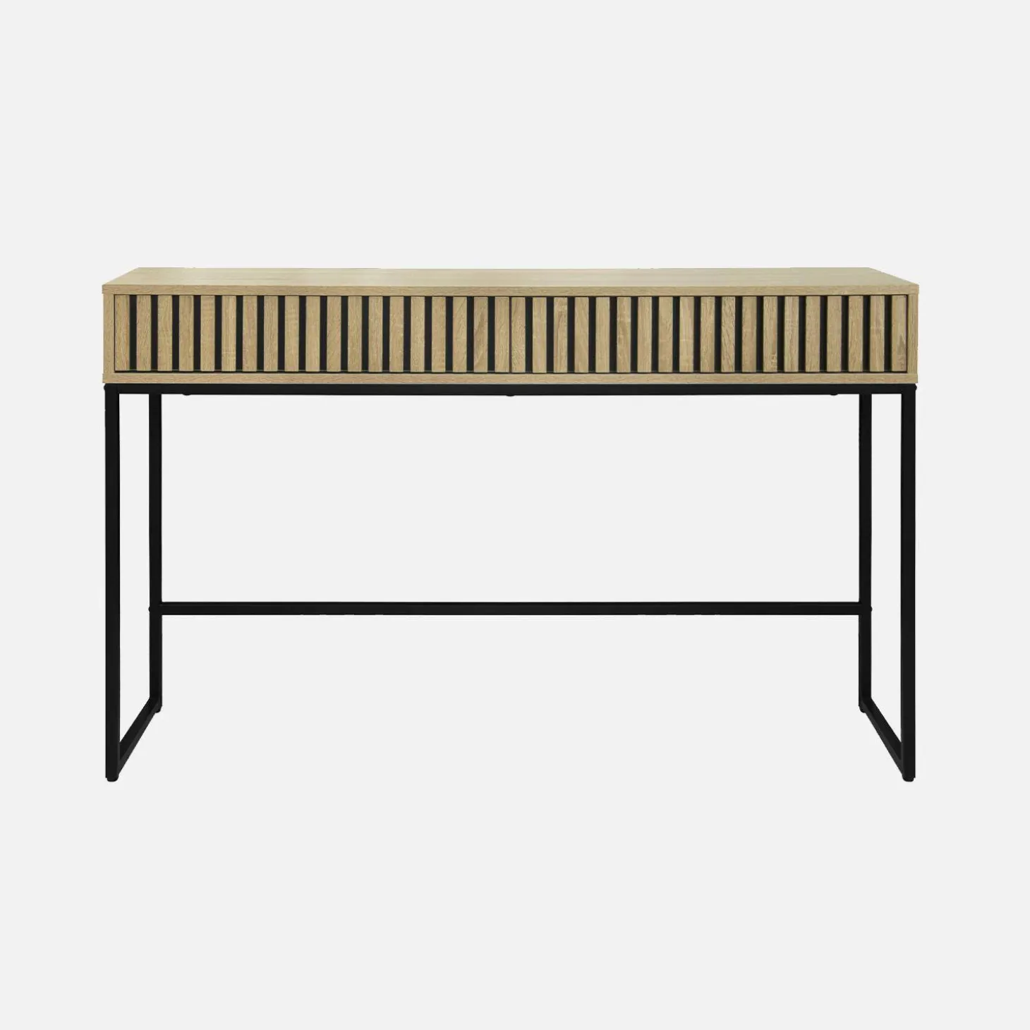 Eigentijdse sidetable met 2 laden, gegroefd hout en zwart metalen decor