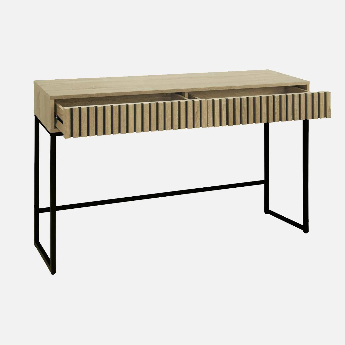 Eigentijdse sidetable met 2 laden, gegroefd hout en zwart metalen decor