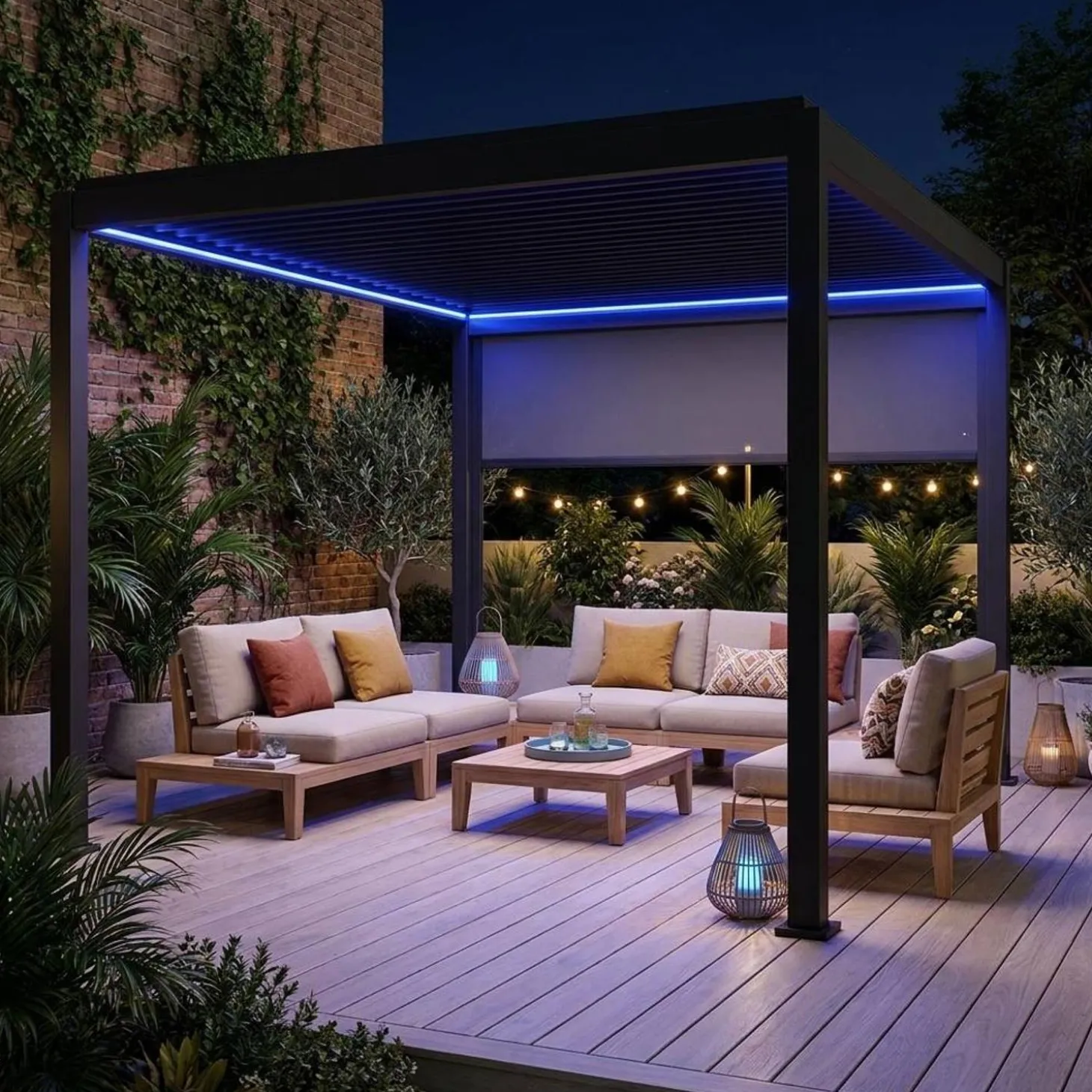 Elektrische pergola met lamellendak 4x3m met LED-verlichting en 1 zonnescherm 3m