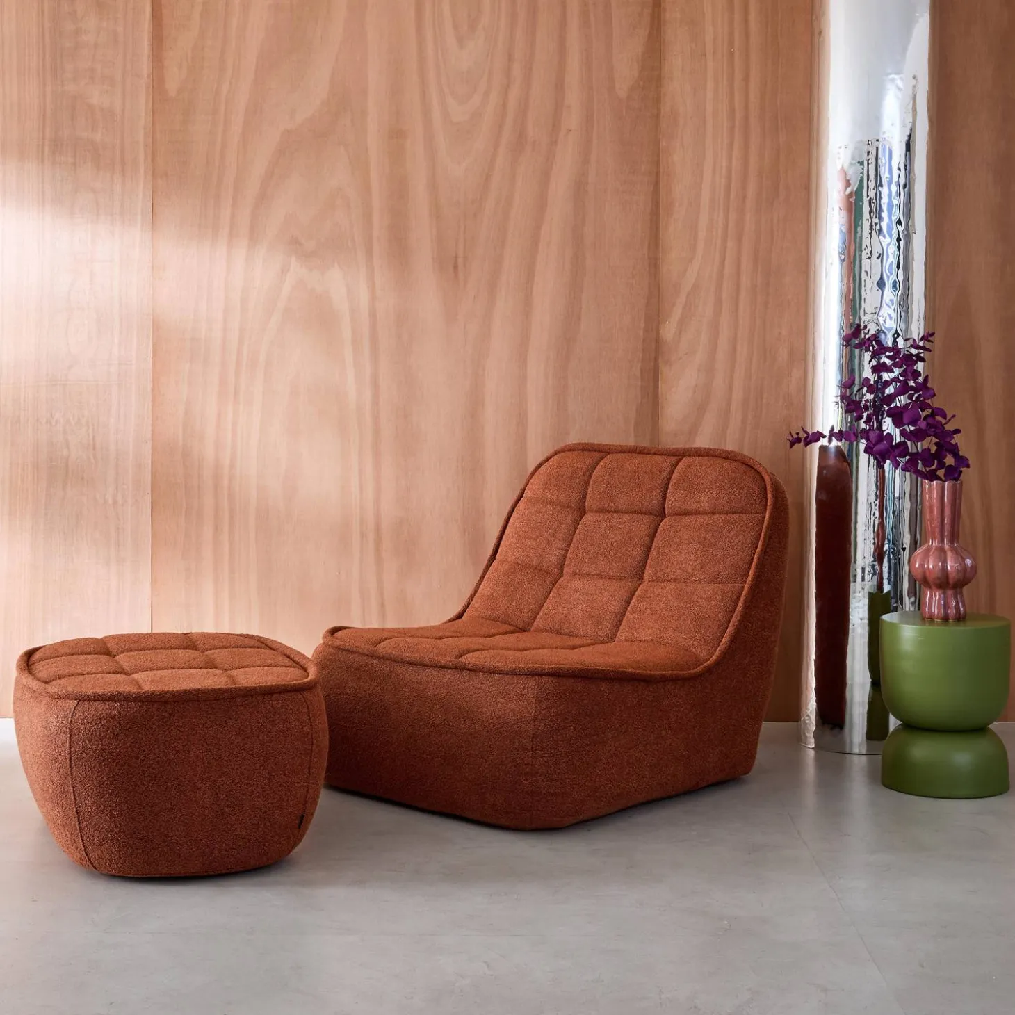 Fauteuil bouclé stof 1 zitplaats + voetenbank