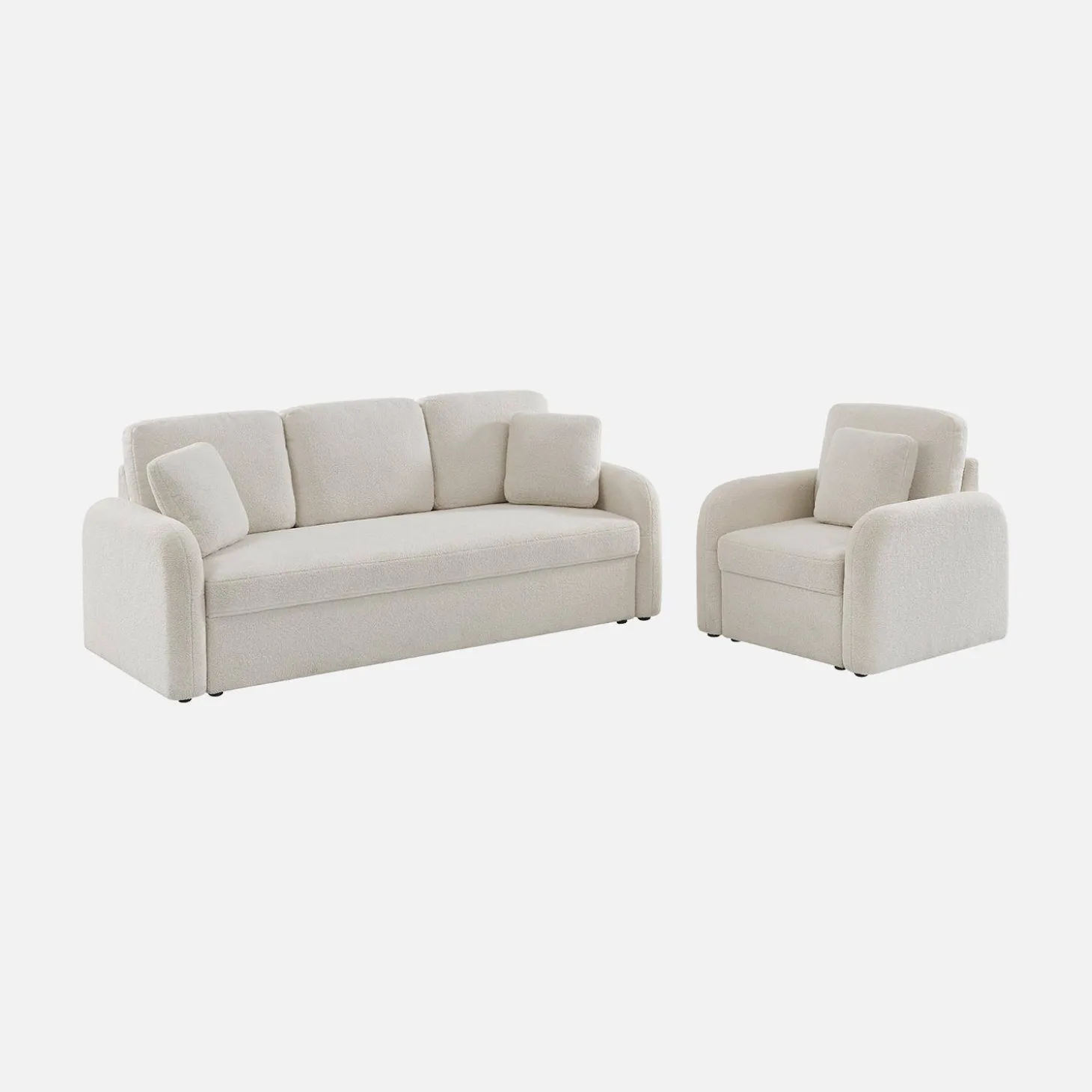 Fauteuil in witte boucléstof, afgeronde lijnen