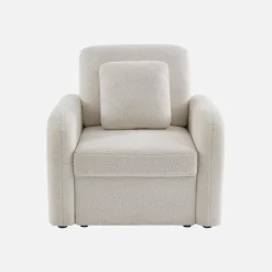 Fauteuil in witte boucléstof, afgeronde lijnen