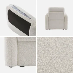 Fauteuil in witte boucléstof, afgeronde lijnen