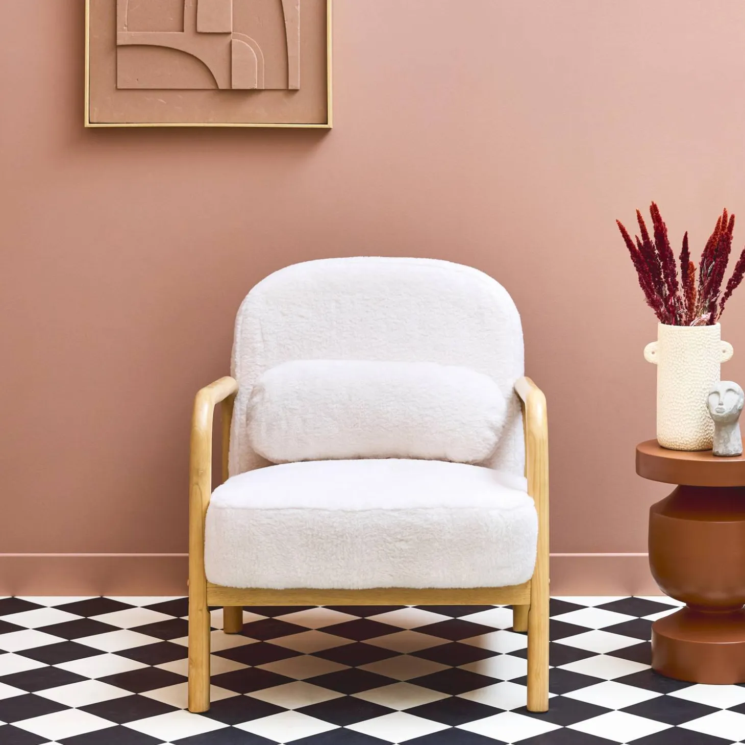 Fauteuil met naturelkleurig hout en imitatiebonteffect