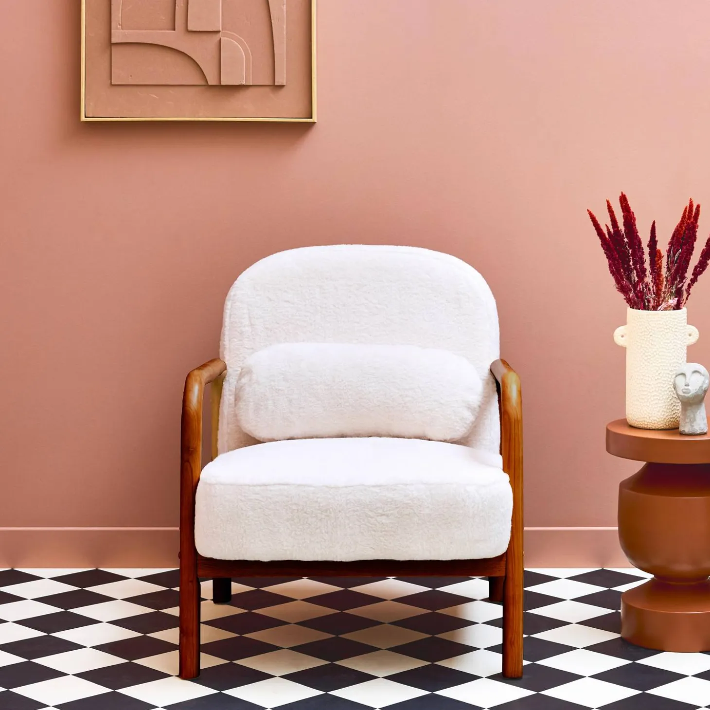 Fauteuil met walnootkleurig hout en imitatiebonteffect