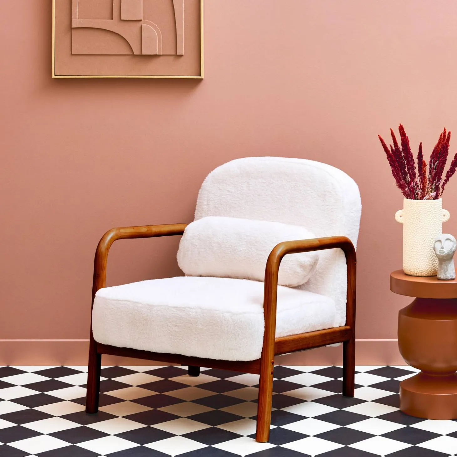 Fauteuil met walnootkleurig hout en imitatiebonteffect