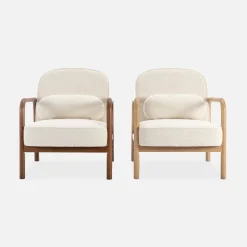 Fauteuil met walnootkleurig hout en bouclé