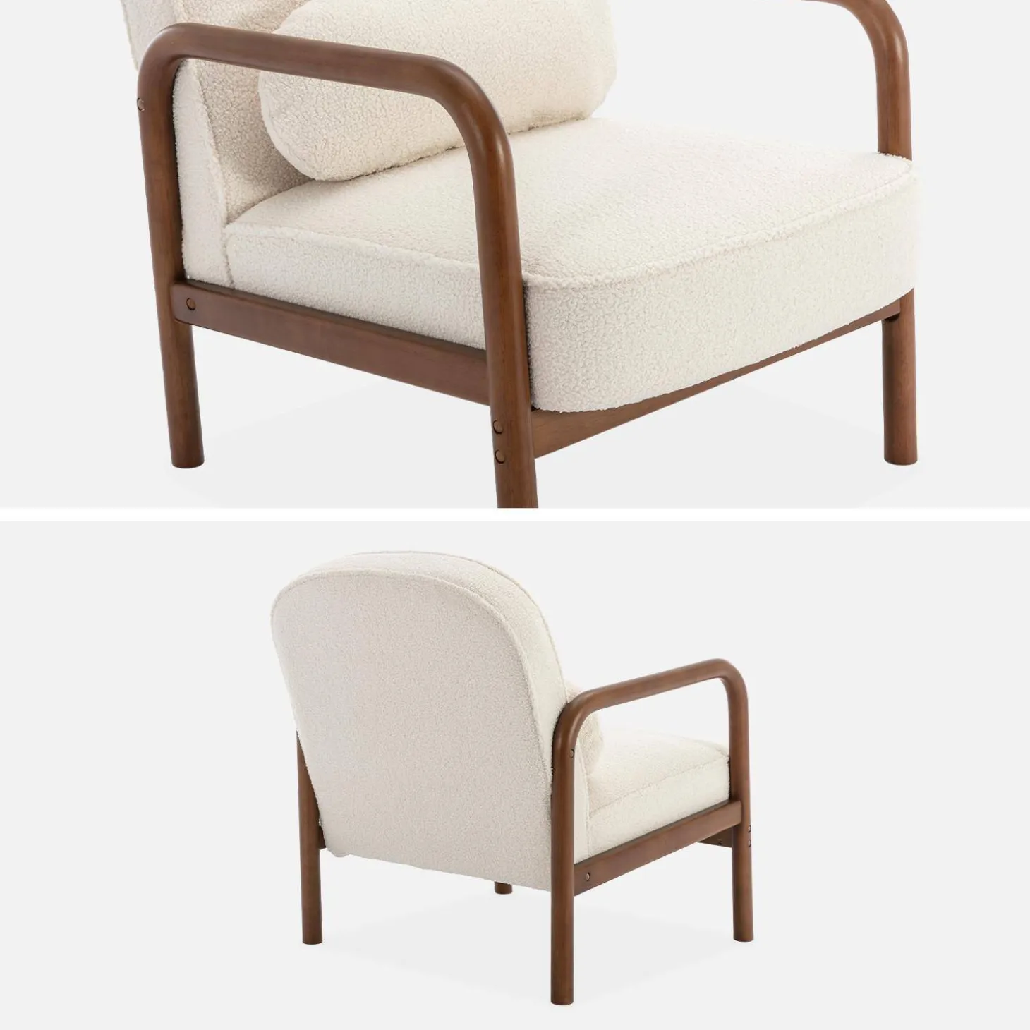 Fauteuil met walnootkleurig hout en bouclé