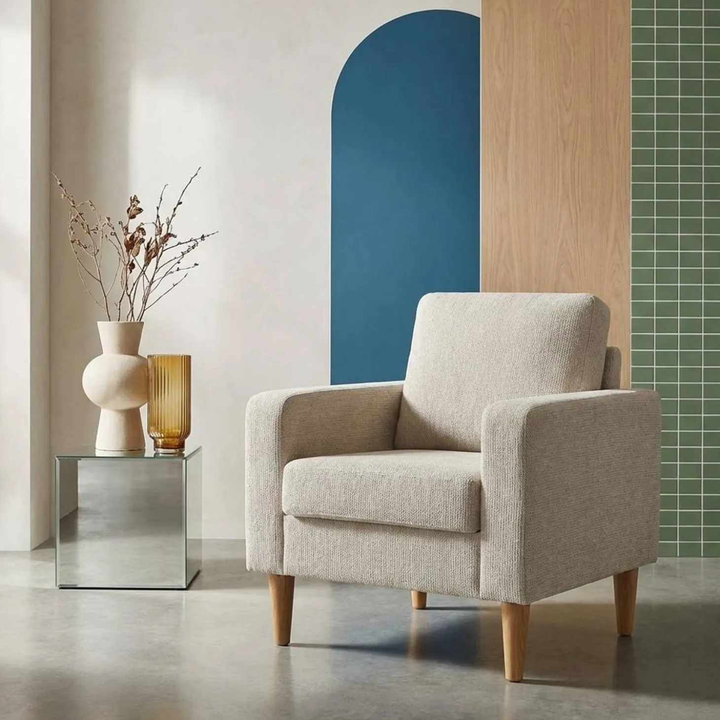 Fauteuil rubberhout en chenille stof