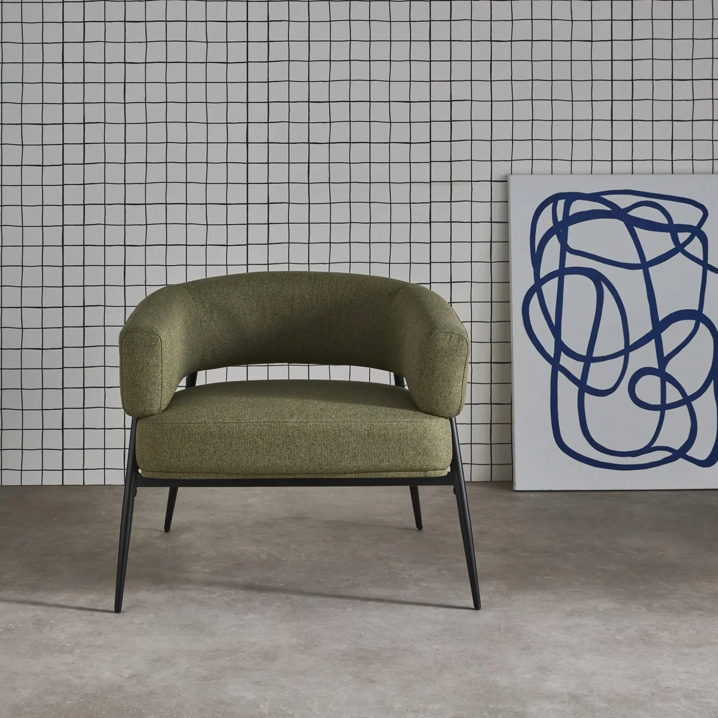 Fauteuil stof gebogen rugleuning metalen frame