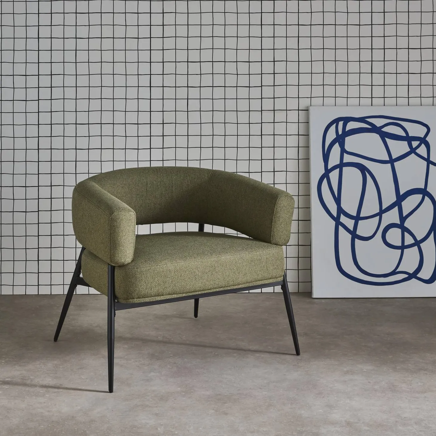 Fauteuil stof gebogen rugleuning metalen frame