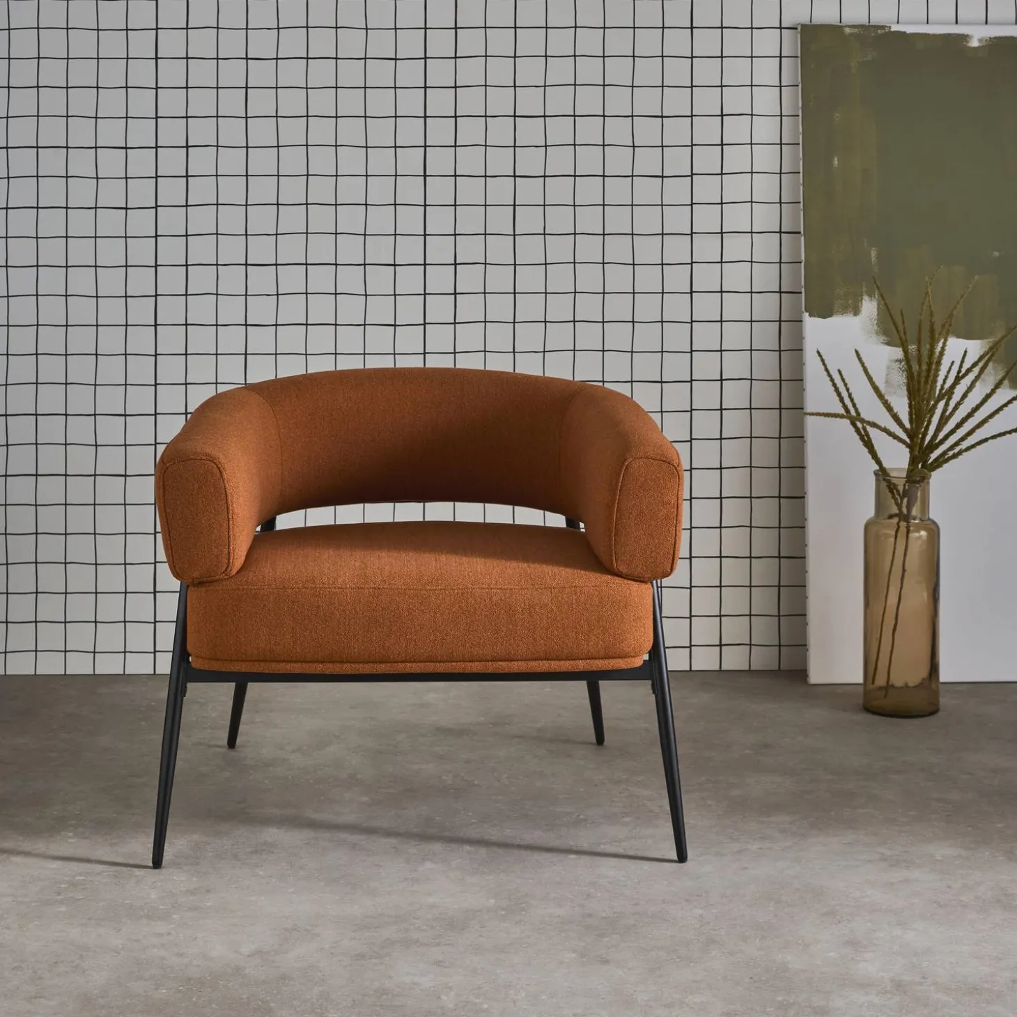 Fauteuil stof gebogen rugleuning metalen frame